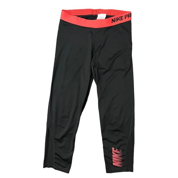 NIKE PRO Black Red Cropped Active Performance Leggings Womens Medium - Picture 1 of 9